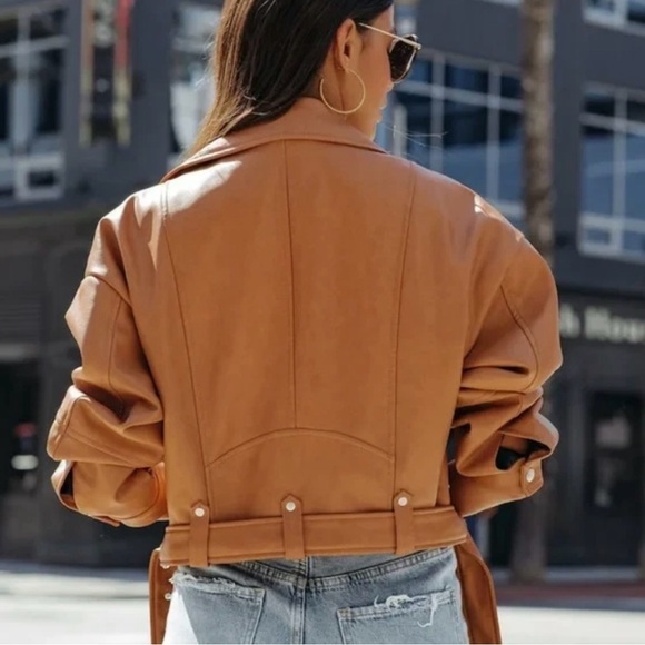 Women's Avec Les Filles Jacket – Camel synthetic leather biker style - Picture 2 of 12